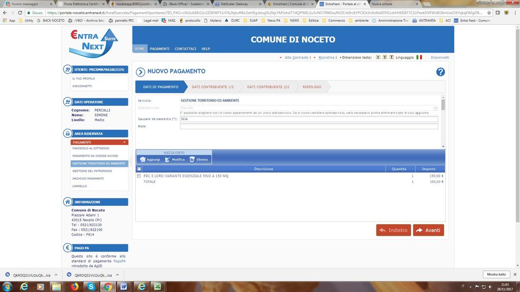A questo punto posso proseguire nel pagamento cliccando AVANTI oppure inserire un'altra voce di costo ed effettuare un pagamento unico nel caso in cui debba