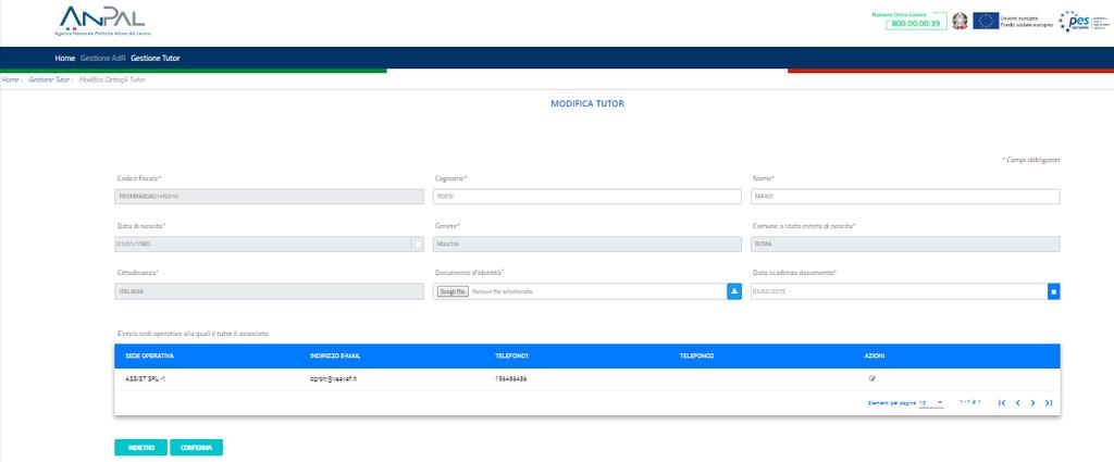 Per modificare invece i dati relativi all associazione del Tutor alla Sede Operativa (email, telefono 1 (obbligatori) e telefono 2