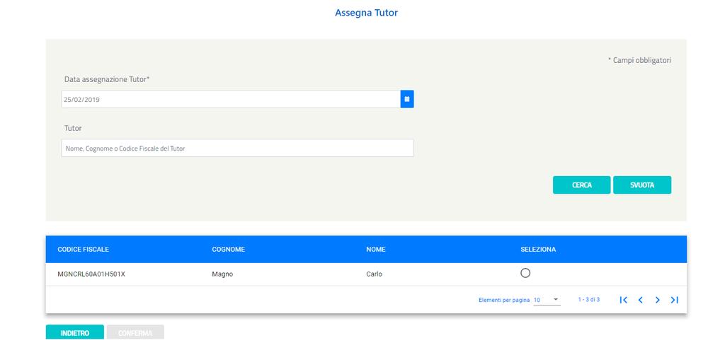 In questa schermata è possibile assegnare un Tutor, inserendo come campo obbligatorio la data di assegnazione del Tutor e selezionare in corrispondenza del nome del Tutor che appare nella schermata