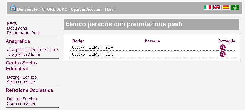 posto il simbolo di una lente d ingrandimento che permette di accedere al dettaglio dei pasti