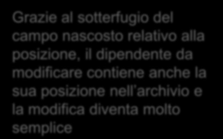 Modifica dipendente Metodo Modifica Dipendente di Dipendenti Grazie al sotterfugio del campo nascosto relativo alla posizione, il