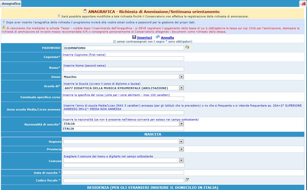 5) Inserire i dati richiesti nei relativi campi di testo. Sarà possibile apportare modifiche a tale richiesta finché il Conservatorio non effettua la registrazione della richiesta di ammissione.