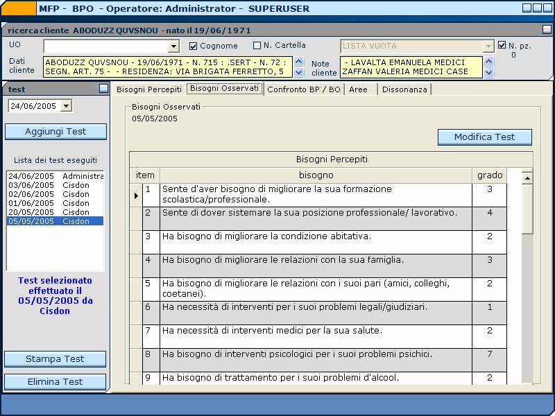 Consultazione del Test Nel pannello di controllo posto a sinistra abbiamo la possibilità di selezionare dalla lista dei test registrati, l test voluto.