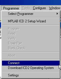 target from MPLAB ICD 2 (5V Vdd)"; connettersi con MPLAB ICD 2 usando il menu Programmer