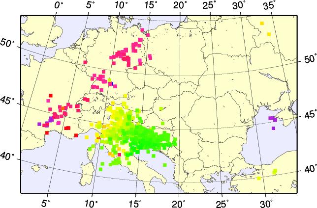 Evento del 27 Giugno 2004 Distribuzione dell E sporadico Il numero di radio collegamenti (bar chart) indica le varie fasi dell attivita di E sporadico (linea verde, giallo, rossa).