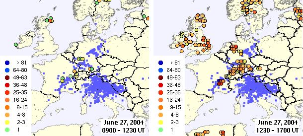 corrispondente ad un elevata attivita si estende dal Sud della Francia alla Germania (12-17 UTC) Tra le 1230 e le 1700 UT (Grafico a destra ), la distribuzione geografica delle sferiche