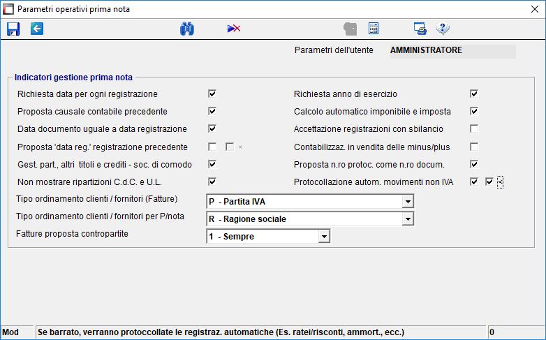 Protocollazione dei movimenti automatici Abbiamo inserito un campo nei Parametri operativi di p/nota per le aziende in semplificata che, pur volendo protocollare le operazioni non IVA,