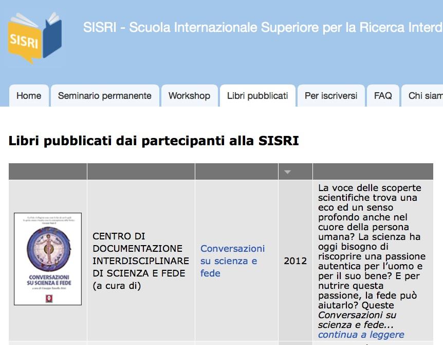 Nuova collana editoriale della SISRI: Strumenti e Studi Il Centro Disf (costituitosi presso l Università della Santa Croce) e