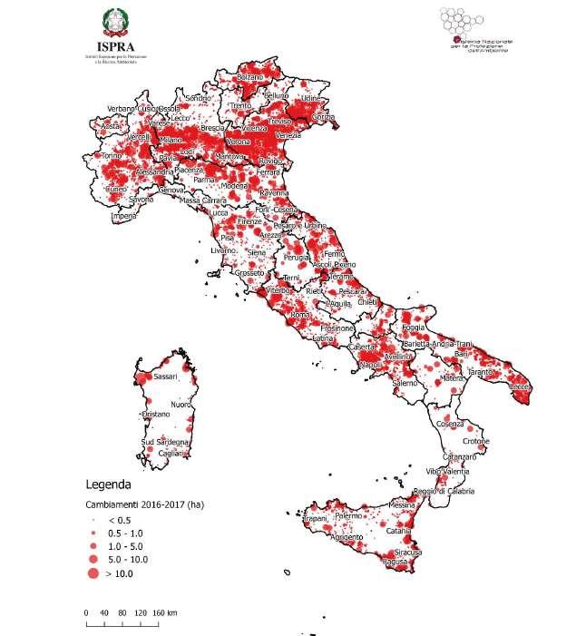 l Emilia Romagna (+456 ha) e il Piemonte (+416 ha) mentre in termini percentuali i tassi di impermeabilizzazione più importante si sono avuti nel Veneto (+0,50%), nel Friuli Venezia Giulia (+0,41%)