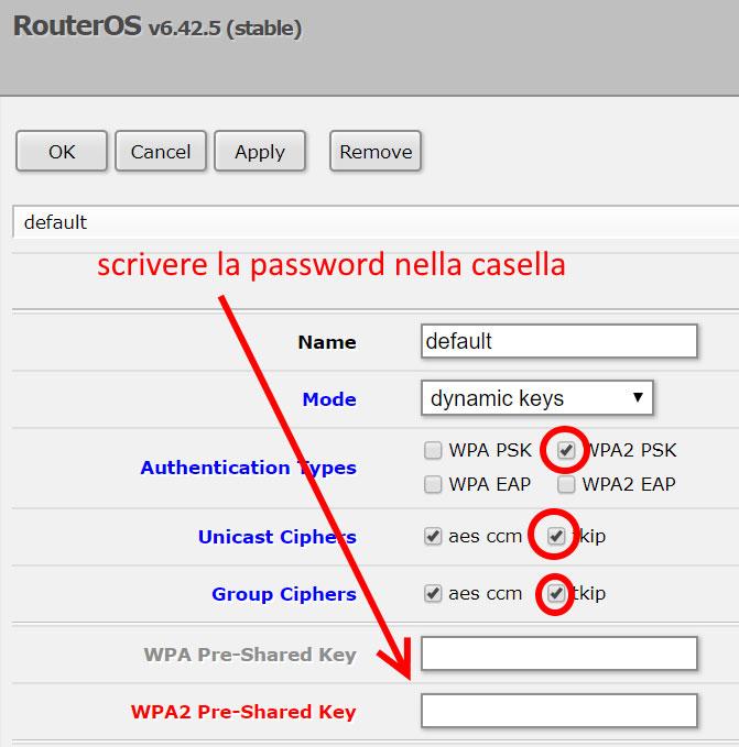 22) Scrivete la password (che deve essere lunga almeno 8 caratteri) nella casella WPA2 Pre-Shared Key, flaggate le caselle WPA2 PSK e tkip (se non lo fossero anche le caselle aes ccm ): 23) Premete