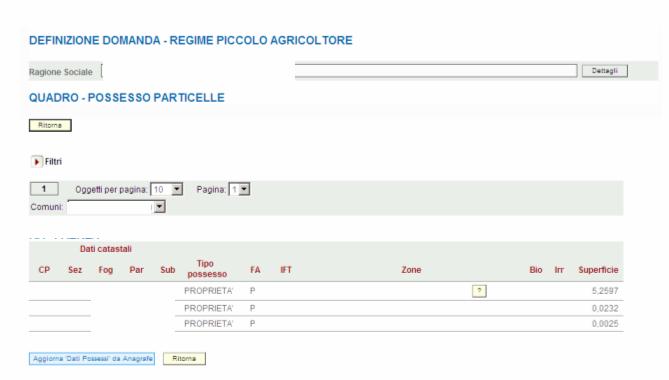 10 Quadro POSSESSO TERRENI vengono visualizzati i dati relativi al