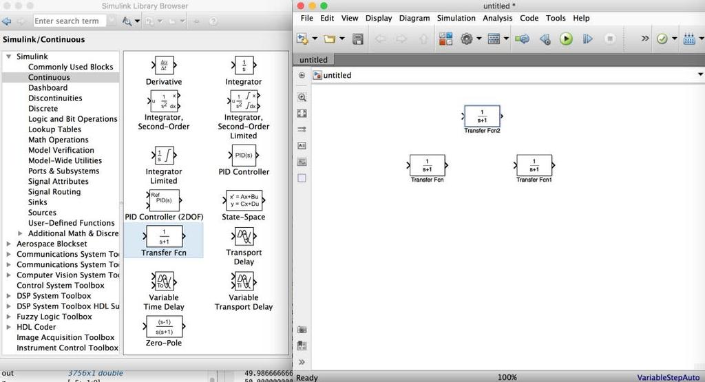 Simulink / 16 Trascinare dalla libreria Continous tre blocchi Transfer Fcn Se ne può importare anche uno, e duplicarlo poi nello schema di lavoro cliccando e