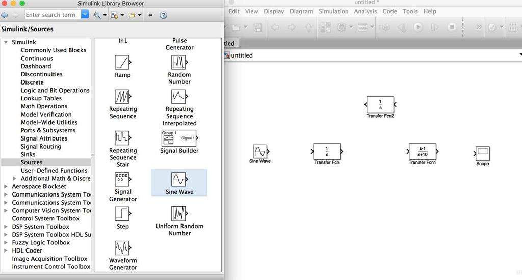 Simulink / 20 Generazione dei segnali Importare un blocco Sine Wave dalla libreria Sources Doppio clic sul