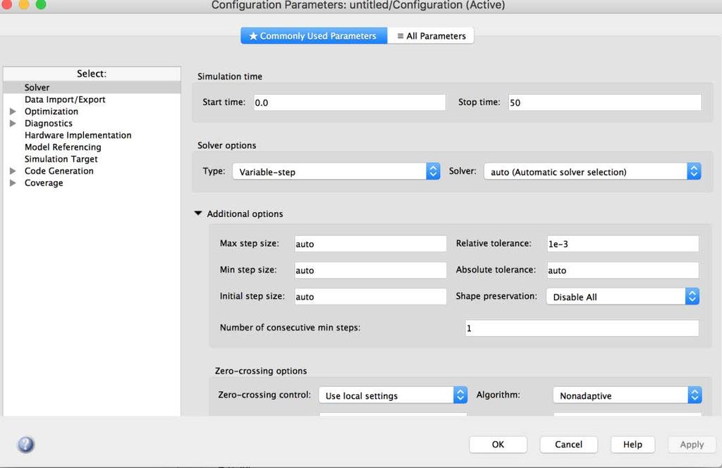 Simulink / 23 Cliccare sull icona dell ingranaggio per le impostazioni dello schema e scegliere il solver per un