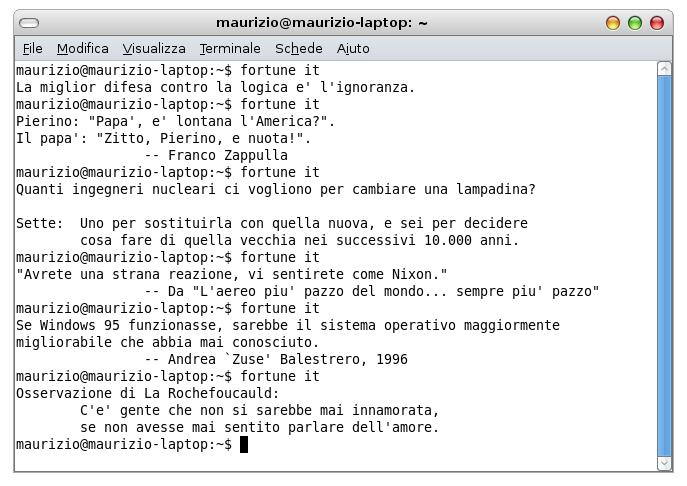 Ricordiamo che in Ubuntu il comando fortune impartito da shell produce una frase umoristica, un anedotto o una frase bizzarra ecc.