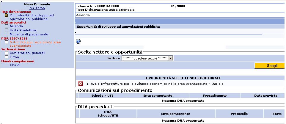 Si sceglie Iniziale 1 e quindi si seleziona il bottone Scegli. Nel menù di sinistra si è attivata la sezione specifica della linea di intervento selezionata evidenziata in colore rosso.