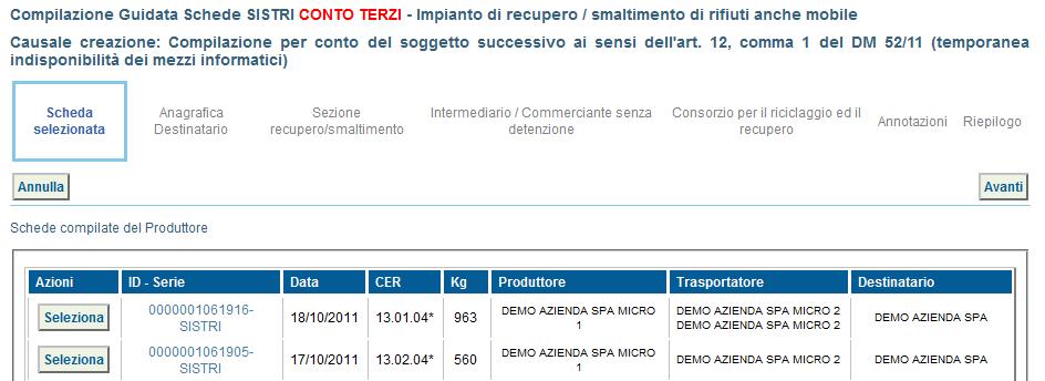 3 Selezionare la scheda da compilare per conto del Destinatario tramite il