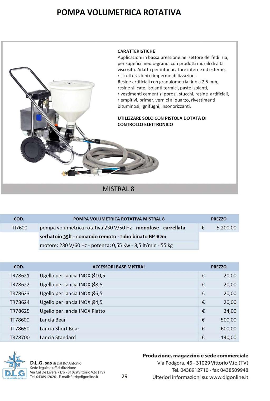 POMPA VOLUMETRICA ROTATIVA CARATTERISTICHE Applicazioni in bassa pressione nel settore dell edilizia, per supefici medio-grandi con prodotti murali di alta viscosità.