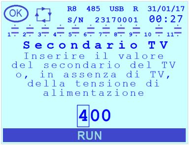7.1.8 Secondario TV Questo parametro definisce il valore di fondo-scala della tensione di secondario del Trasformatore Voltmetrico (TV). Il valore di default è 400.