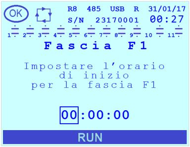 7.2.6 Fascia F1 Questo parametro definisce l ora di inizio della prima fascia oraria F1. Il valore di default è 00:00:00. Il range ammesso per il valore numerico è [00:00:00 23:59:00].