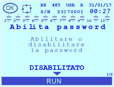 7.6.3 Abilita password Selezionando il parametro Abilita password è possibile abilitare la protezione con password dei parametri e delle funzioni di reset. Il valore di default è DISABILITATO.