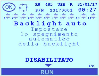 7.6.7 Rel. lingue La pagina è in sola lettura e contiene informazioni relative alla versione dei messaggi in lingua dei menù. 7.6.8 Backlight Il valore di default è ACCESA.