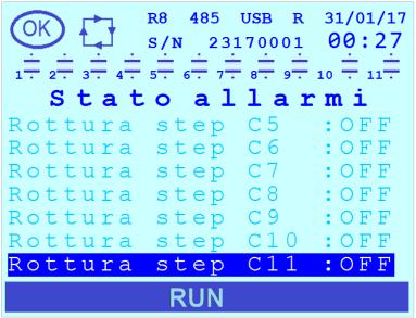 Premendo il tasto, al posto dello stato di attivazione, verrà mostrato il numero di occorrenze per ciascun allarme (ad esclusione degli allarmi Rottura step Cn (n=1 11) per i quali continuerà ad