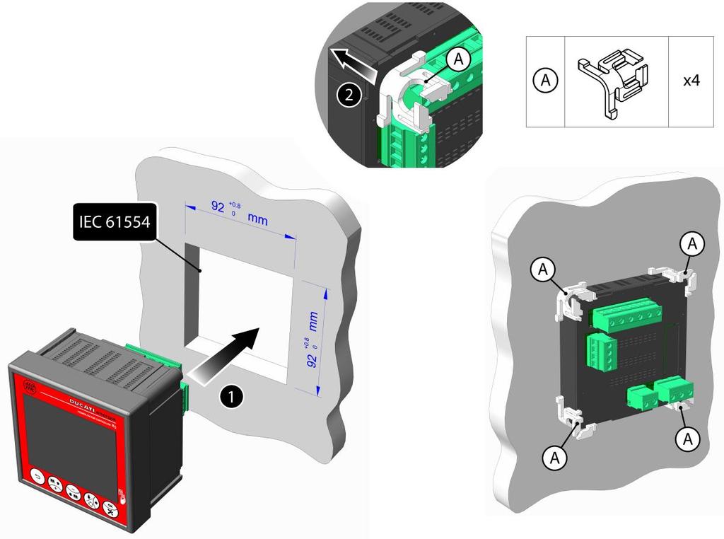 4 INSTALLAZIONE L installazione del regolatore dovrà avvenire su un pannello verticale su cui sia stata preventivamente realizzata un apertura quadrata conforme alla normativa IEC 61554.