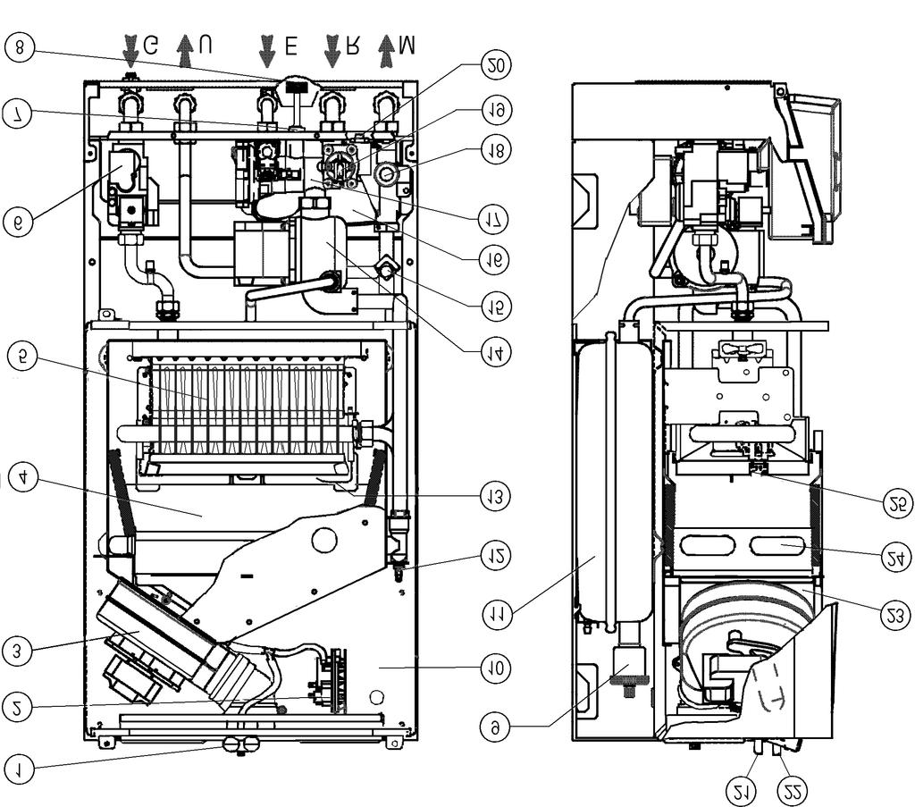 COMPONENTI PRINCIPALI 1 - Pozzetti prelievo aria / fumi 2 - Pressostato fumi 3 - Ventilatore espulsione fumi 4 - Camera di combustione 5 - Bruciatore 6 - Valvola gas 7 - Rubinetto svuotam.