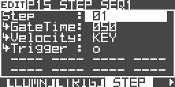 5. Step Sequencer 1: NoteSel (Note Select) [Trigger, Drum01 Drum16, C-1 G9] Specifica il tipo di nota che volete modificare.