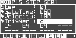 Modificare i parametri del Program 4 Usate Trigger per selezionare se le note dello step vengono riprodotte. specifica che le note dello Step suonano. specifica che le note dello Step non suonano.