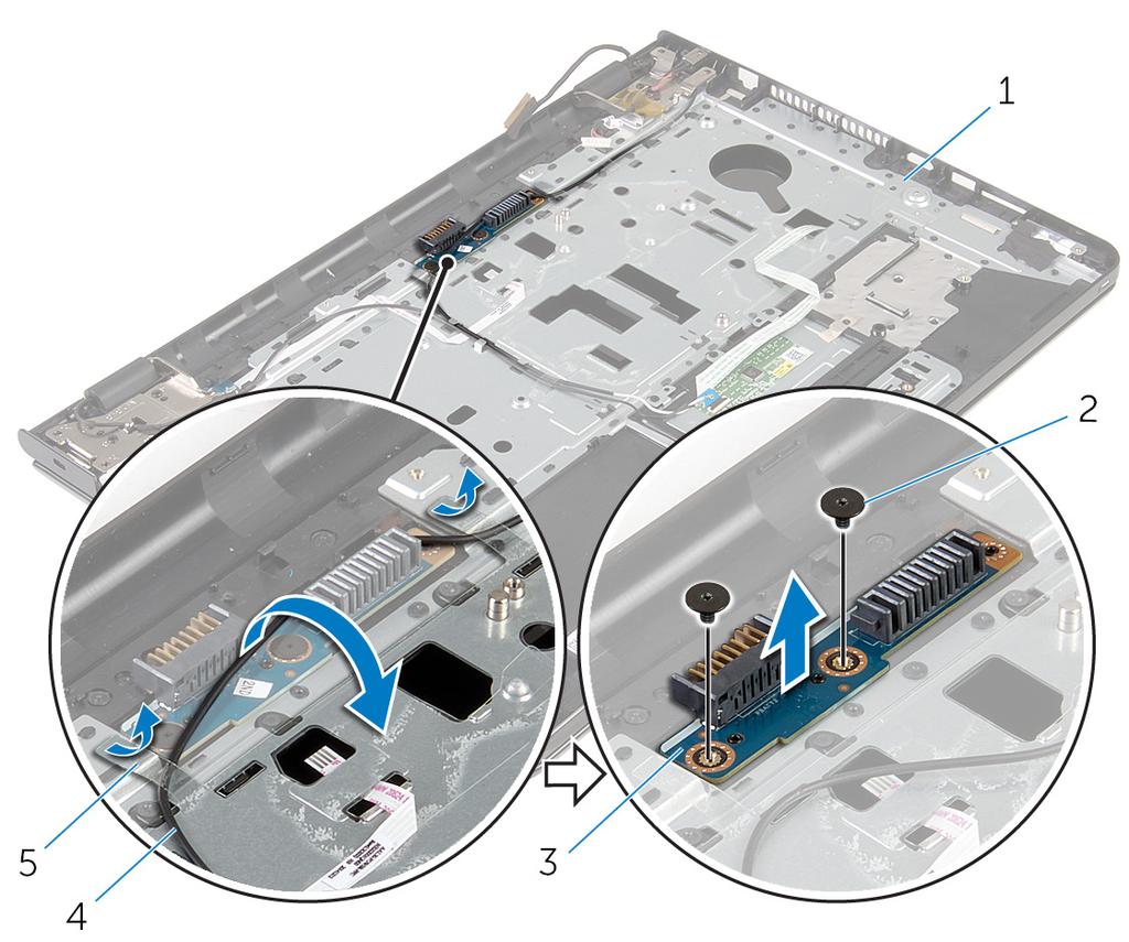 3 Rimuovere le viti che fissano la scheda del connettore della batteria al gruppo del supporto per i polsi.