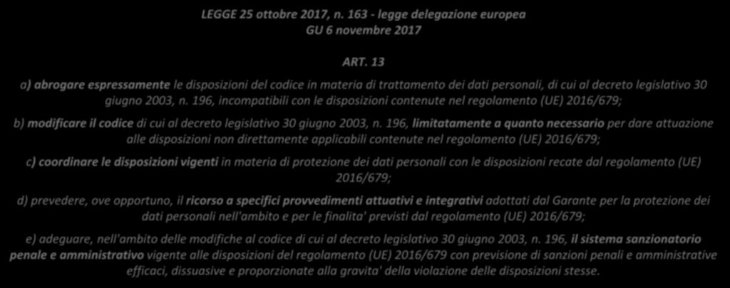 LEGGE 25 ottobre 2017, n. 163 - legge delegazione europea GU 6 novembre 2017 ART.