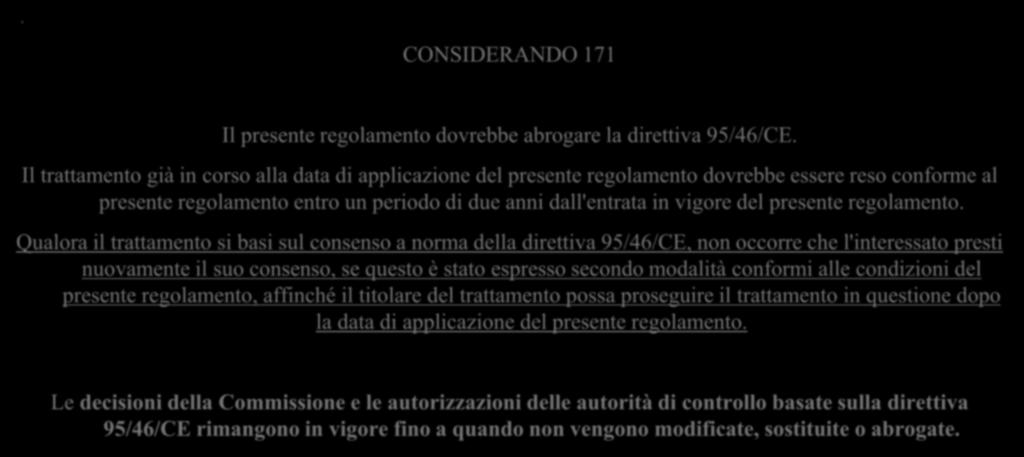 . CONSIDERANDO 171 Il presente regolamento dovrebbe abrogare la direttiva 95/46/CE.