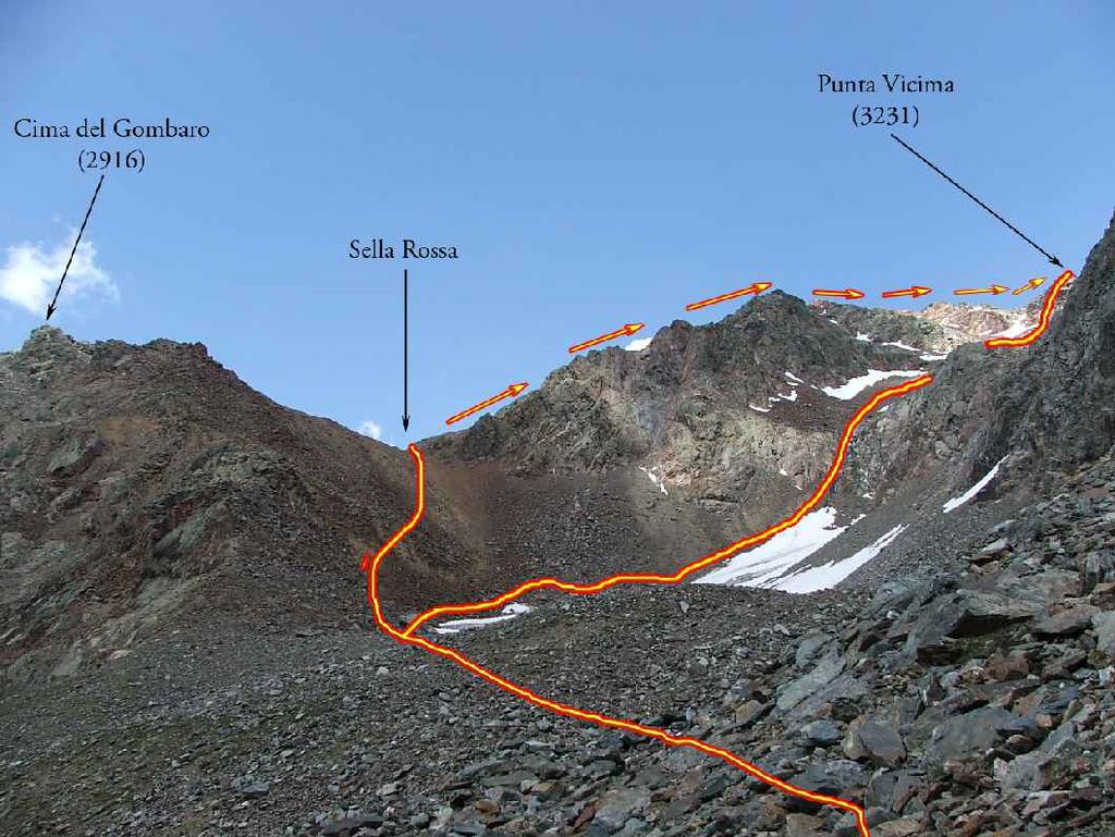 Tenendosi lontani da dirupi e cascate, si sale verso il Passo di Vicima (E). Il passo è incassato fra la Punta Corti e la Cima di Vicima e non ci sono sentieri segnalati che lo raggiungono.