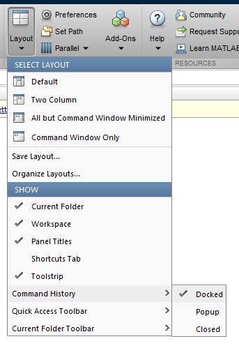 MATLAB: Command History (Cronologia Comandi) Di default quest area non è visibile Ecco come può essere resa