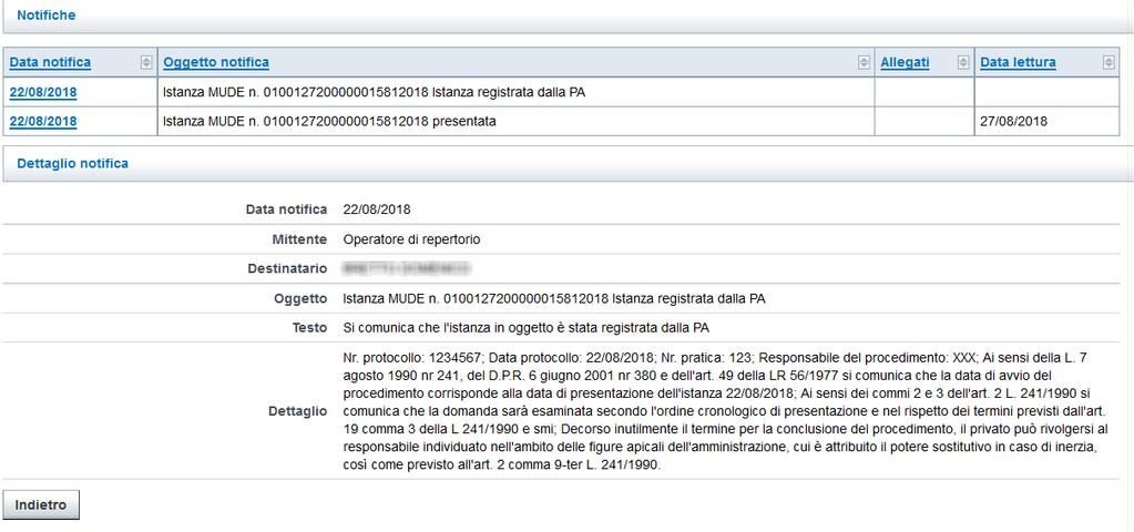 La notifica che riporta in oggetto la voce istanza registrata dalla PA corrisponde alla comunicazione che il sistema invia all atto dell avvenuta protocollazione dell istanza da parte del Comune.