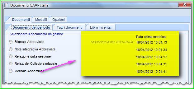 Terminata la fase di generazione dei documenti, la procedura aggiorna la colonna "Data ultima modifica" riportando sia la data che l'orario dell'ultima modifica, per il bilancio viene riportato anche