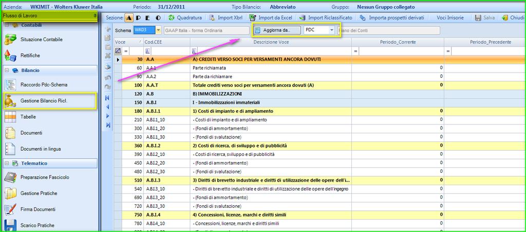 7. Elaborazione Bilancio Dal menu verticale "Flusso di lavoro" è possibile farsi guidare dalla procedura per generare il fascicolo di bilancio. Selezionare la voce "Gestione Bilancio Riclassificato".