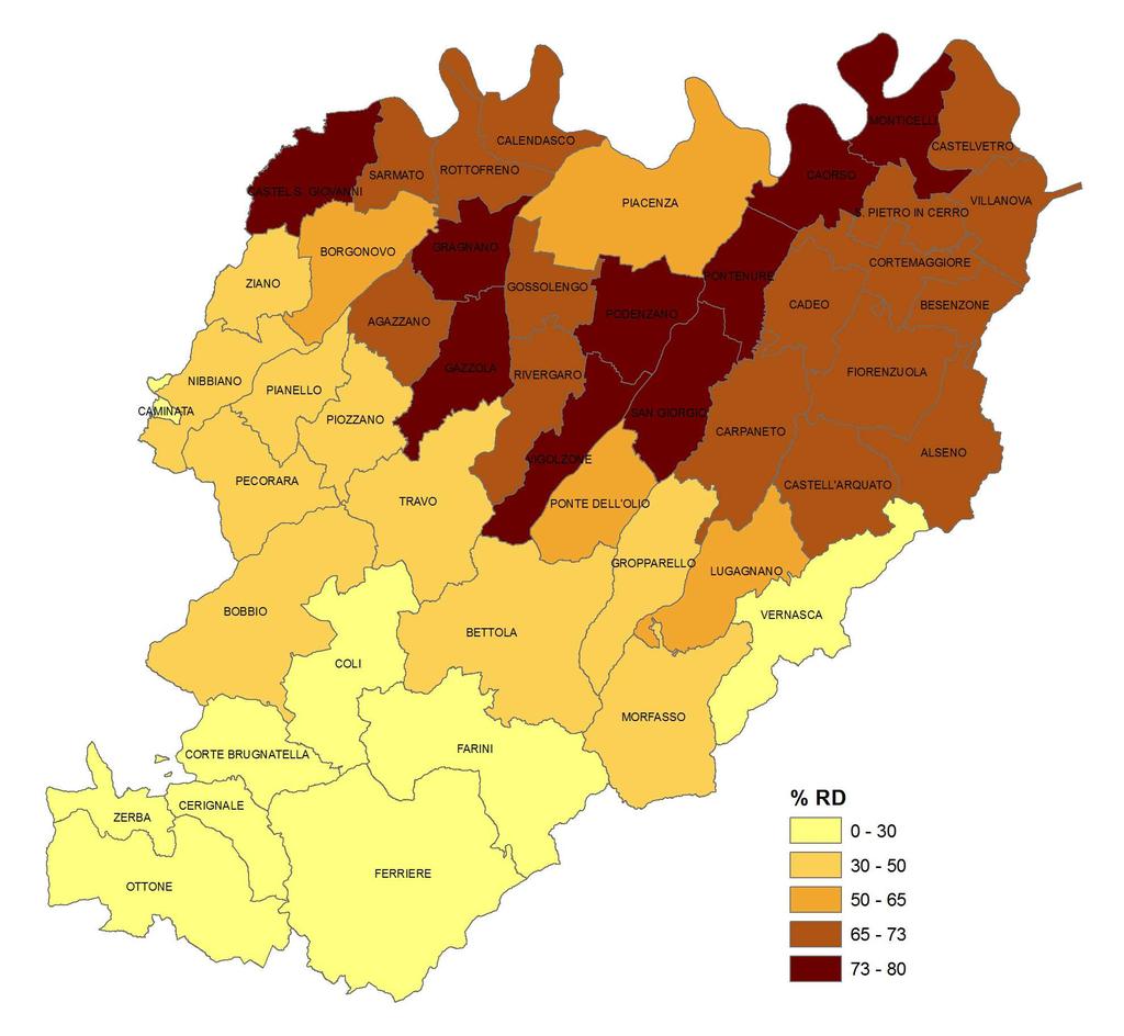 Figura 19: Percentuale di raccolta differenziata per Comune, anno 215 (Fonte: elaborazioni OPR su dati comunali) In questi anni, infatti, è stato possibile osservare che l introduzione del sistema di