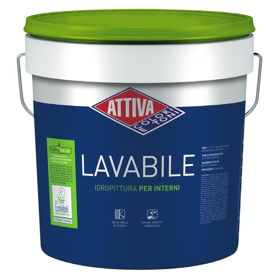 I PRODOTTI ECOLABEL DI ATTIVA IDROPITTURA LAVABILE PER INTERNI 716.016 BIANCO da 5 e 14 Litri EU ECOLABEL: IT/044/006 9-12 mq/l per mano dell assorbimento del supporto 6 h a 20 C e 65% U.R. Massimo