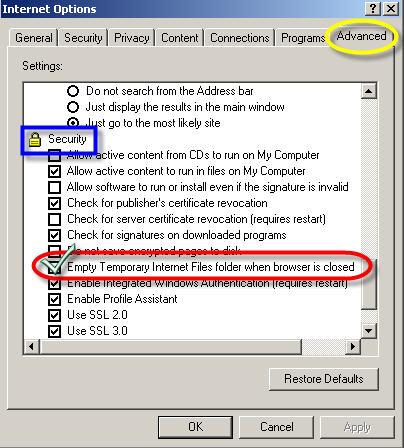Impostazione dei Files Temporanei Internet Explorer > Strumenti > Opzioni Internet Click sull'etichetta AVANZATE Nel riquadro bianco raggiungere il titolo PROTEZIONE Controllare che sia