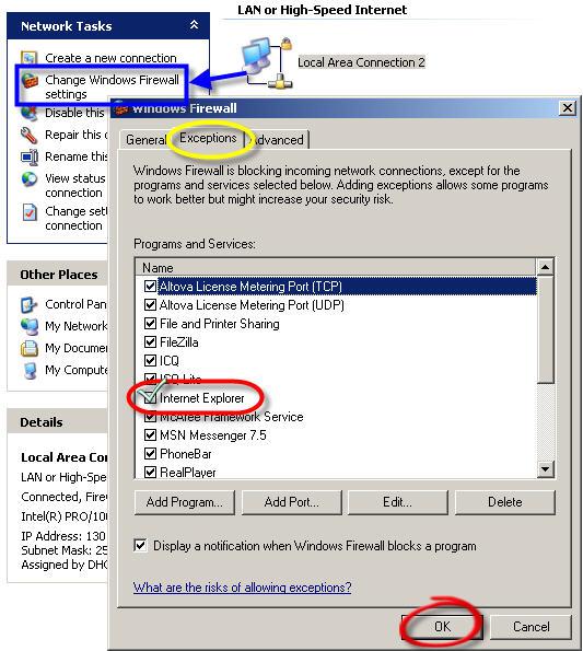 Impostazione del firewall di Windows XP Pannello di Controllo > Connessioni > Connessioni Internet Click con il tasto destro del mouse sulla propria connessione Internet Click su PROPRIETÀ (oppure su