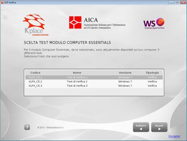 Selezionare il test desiderato. Per ogni Modulo vengono visualizzati tutti i test di Verifica disponibili.