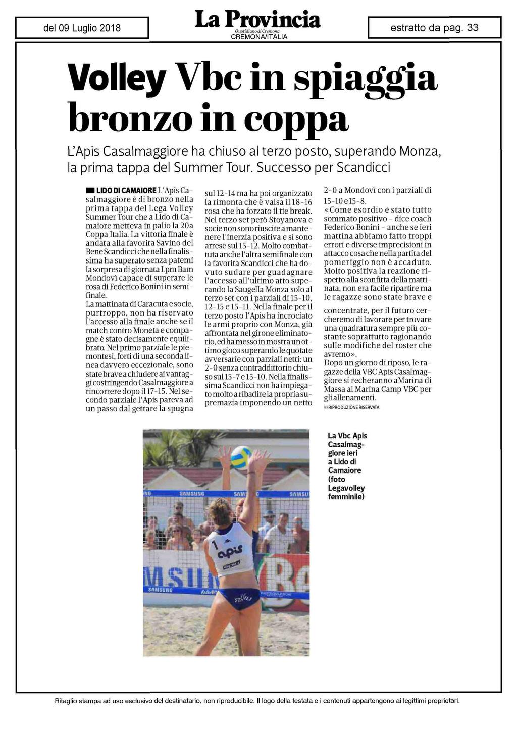 Volley Vbc in spiaggia bronzo in coppa L'Apis Casalmaggiore ha chiuso al terzo posto, superando Monza, la prima tappa del Summer Tour.