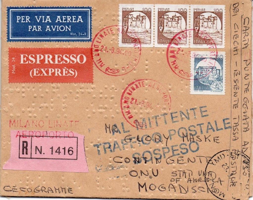 21/3/1994 cecogramma, carta puntinata ad uso dei ciechi, affrancata per lire 350, sopratassa aerea per Africa, in esenzione totale per la corrispondenza, espresso via aerea diretto