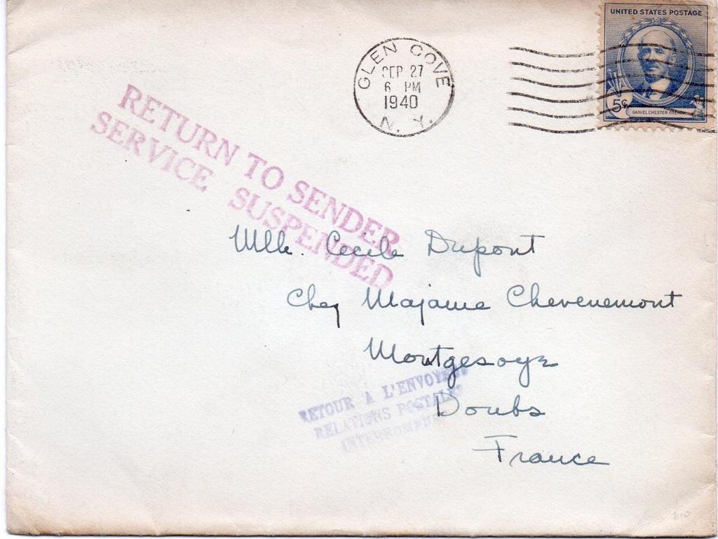 27/9/1940 lettera da Glen Cove per Doubs (France).