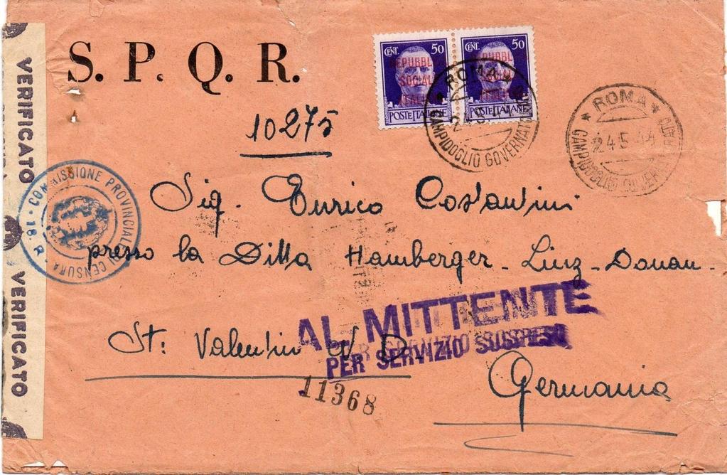 24/5/1944 lettera da Roma per la Germania affrancata per lire 1 con 2 francobolli da 0.50 cent.
