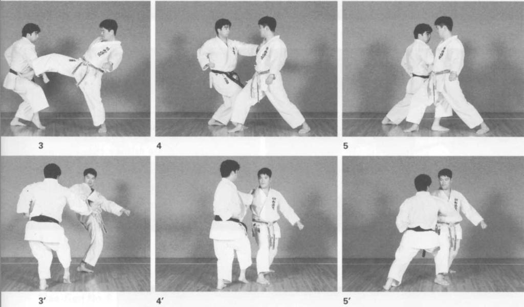 assume la posizione neko ashi-dachi (foto 2) e contemporaneamente difende con gedan-barai destro (foto 3). 4-5.
