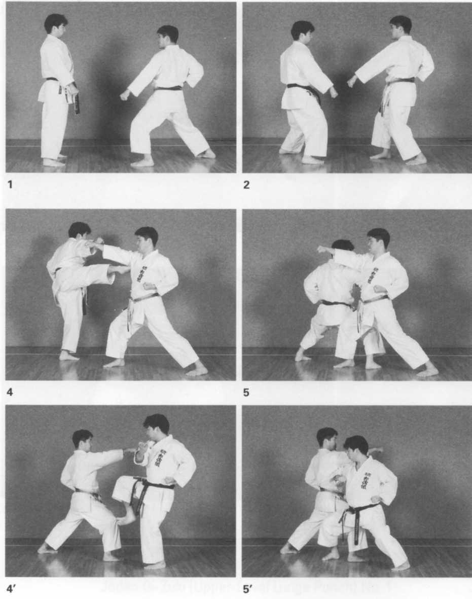 Il difensore contrattacca con yoko-geri ke-age destro (foto 4), scende quindi in posizione kiba-dachi, posizionando la sua gamba dietro quella dell attaccante, ed eseguendo contemporaneamente yoko